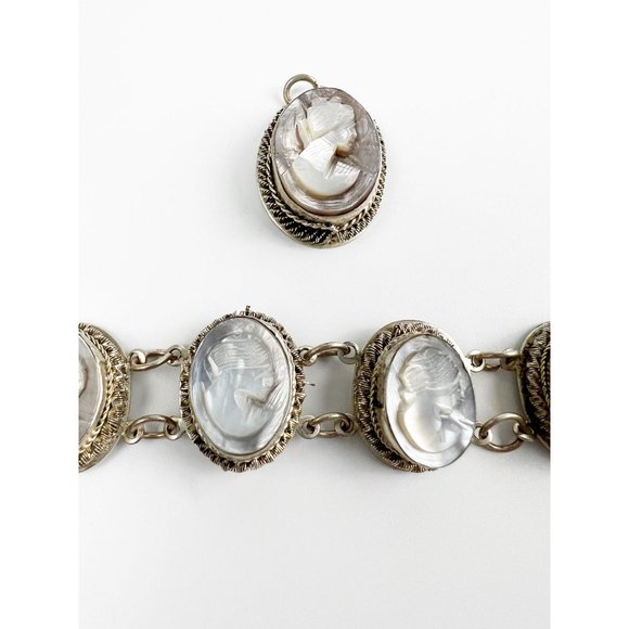Vintage Silver Abalone Shell Cameo Set Bracelet Earrings Pendant Parure - Picture 4 of 12